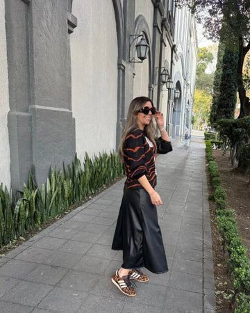 Black Leather Effect Midi Skirt