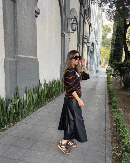 Black Leather Effect Midi Skirt