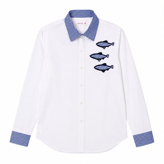 Camisa blanca en algodon de rayas peces