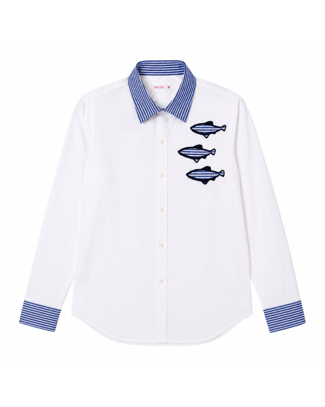 Camisa blanca en algodon de rayas peces