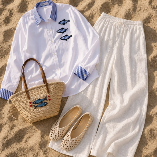 Camisa blanca en algodon de rayas peces