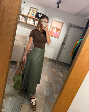 Olive Green Leather-effect Midi Skirt